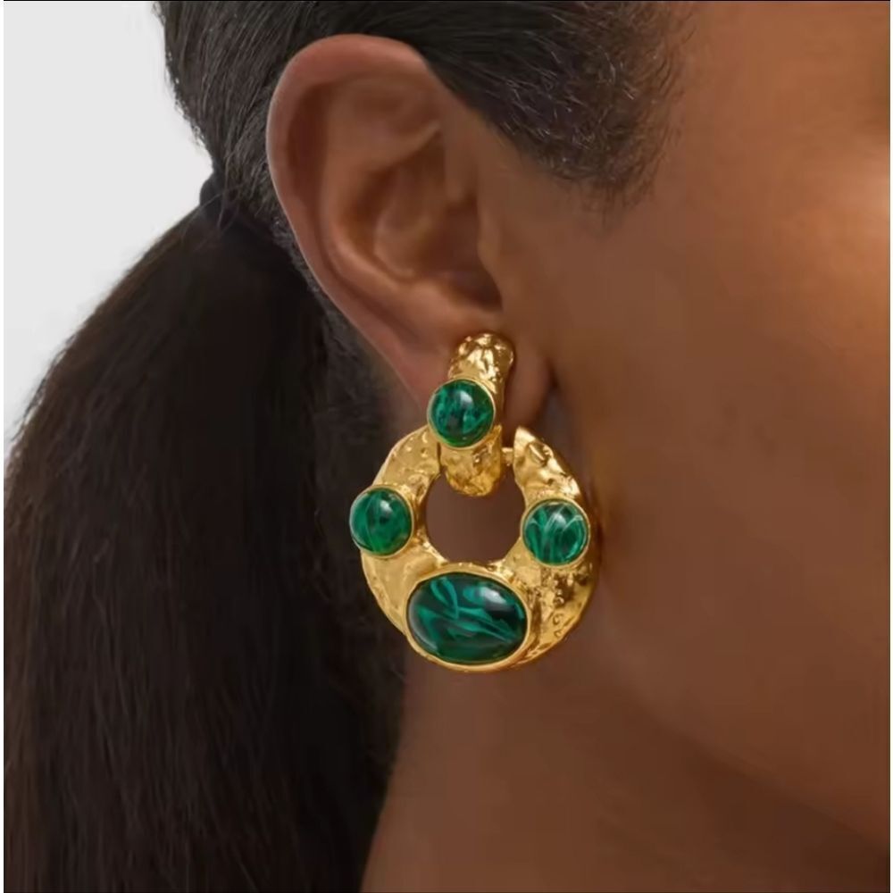 New! Gold Emerald Green Marbled Stone Earrings | NWOT